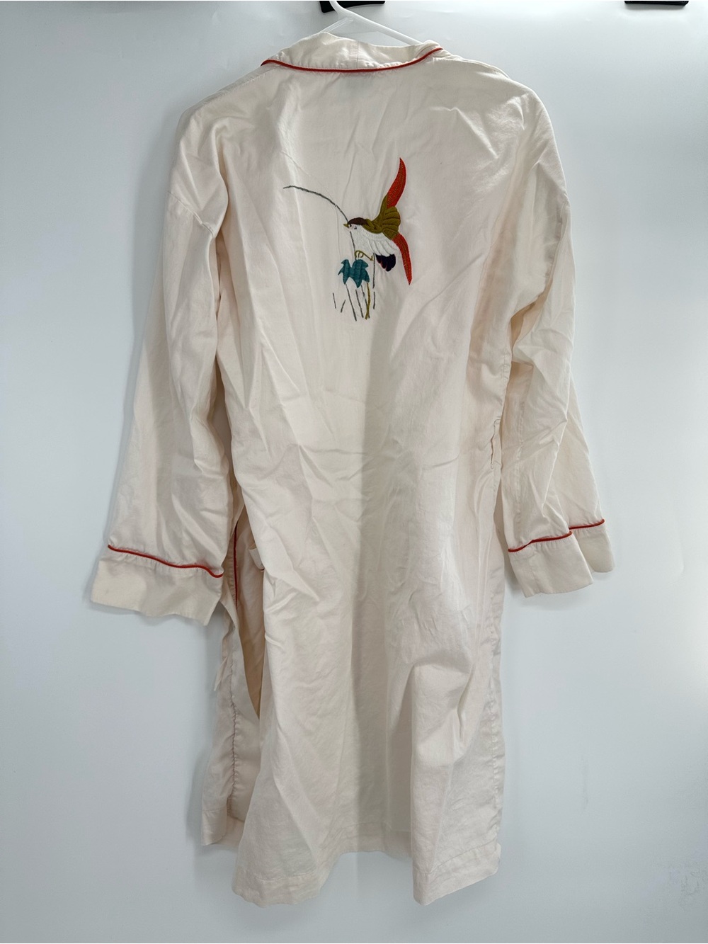 Yves Delorme Embroidered Cotton Robe Open Front Size Large Colorful Bird Flaw*
